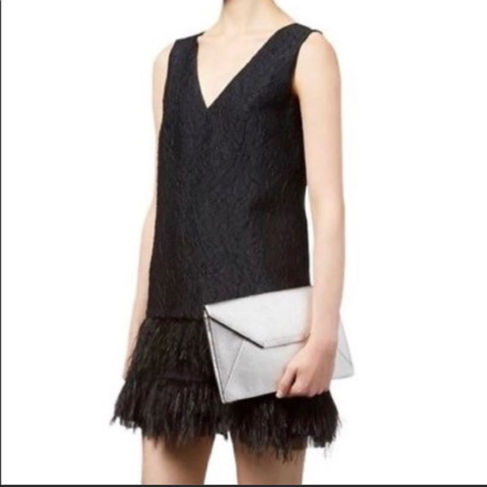 BCBG MaxAzria Black Sleeveless Jamysen Feather Trim Jacquard Mini Dress Size 0 - Picture 3 of 11
